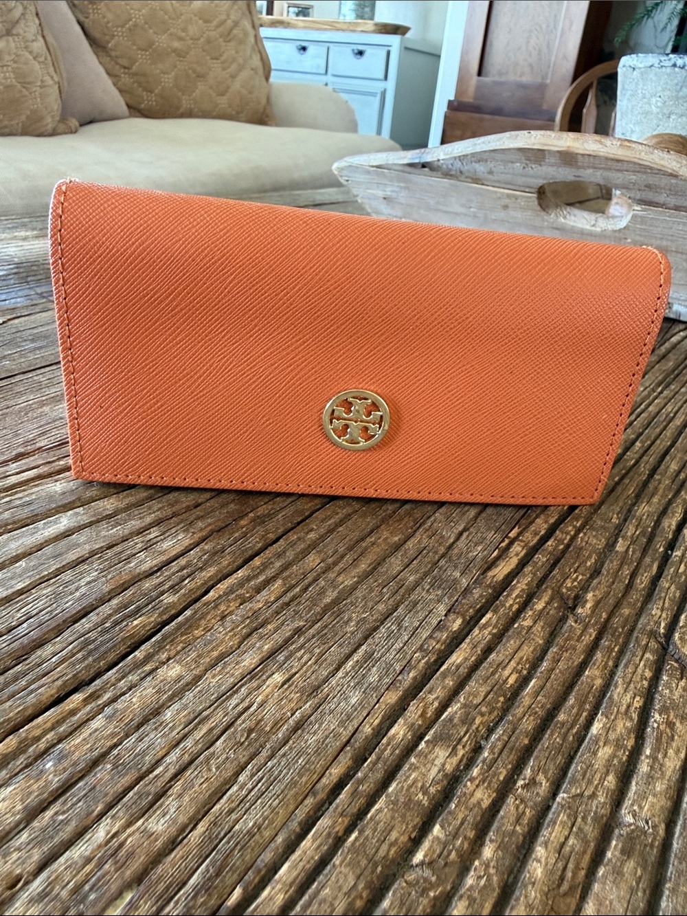 Tory Burch Orange Sunglasses case with Gold Emblem